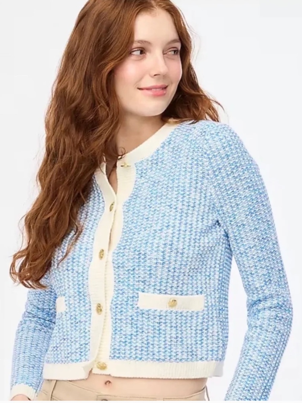 Jcrew Cropped Bouclé Cardigan Sweater in Light Blue and Cream (XS)
